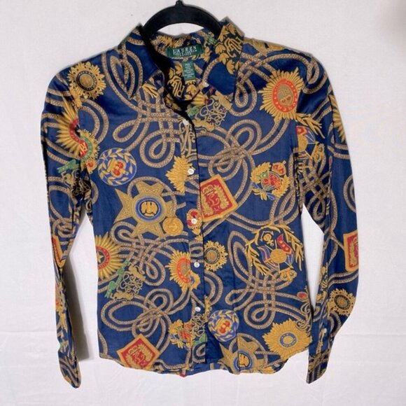 Lauren Ralph Lauren Blue Gold All Over Print Long Sleeve Button Up Shirt XSP - Picture 1 of 11